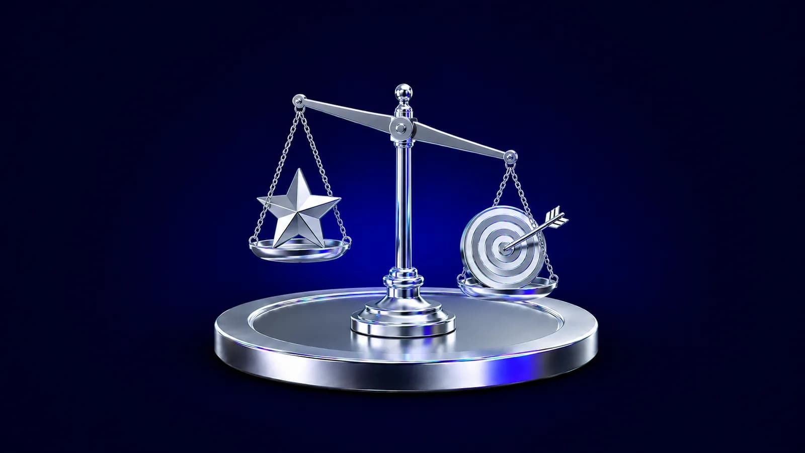 Polished chrome 3D balance scale on a Jolly coin pedestal, a star on one pan and a target with an arrow on the other, weighing recognition against performance-based incentives.